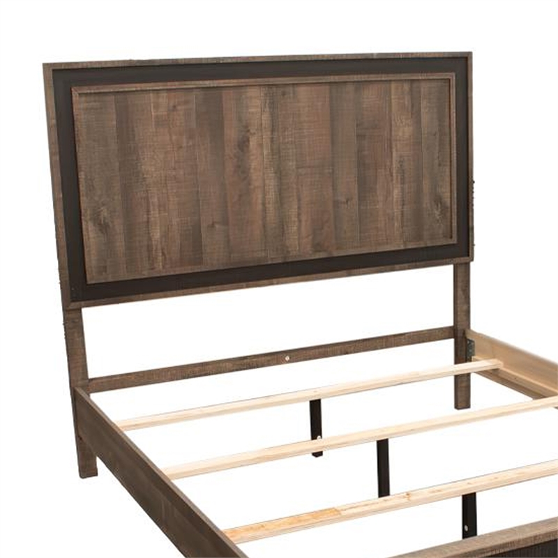Pemberly Row Queen Bed w/ Tall Panel Headboard & Charcoal Border in Rustic Brown