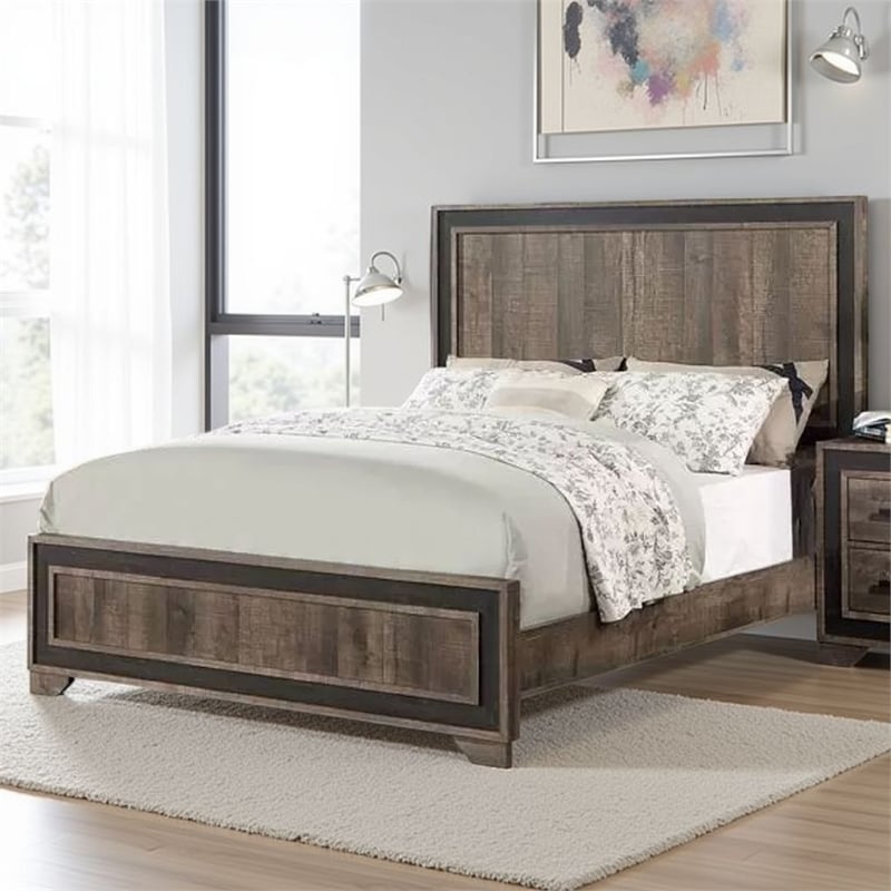 Pemberly Row Queen Bed w/ Tall Panel Headboard & Charcoal Border in Rustic Brown