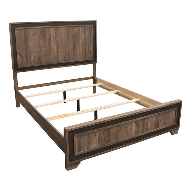 Pemberly Row Queen Bed w/ Tall Panel Headboard & Charcoal Border in Rustic Brown