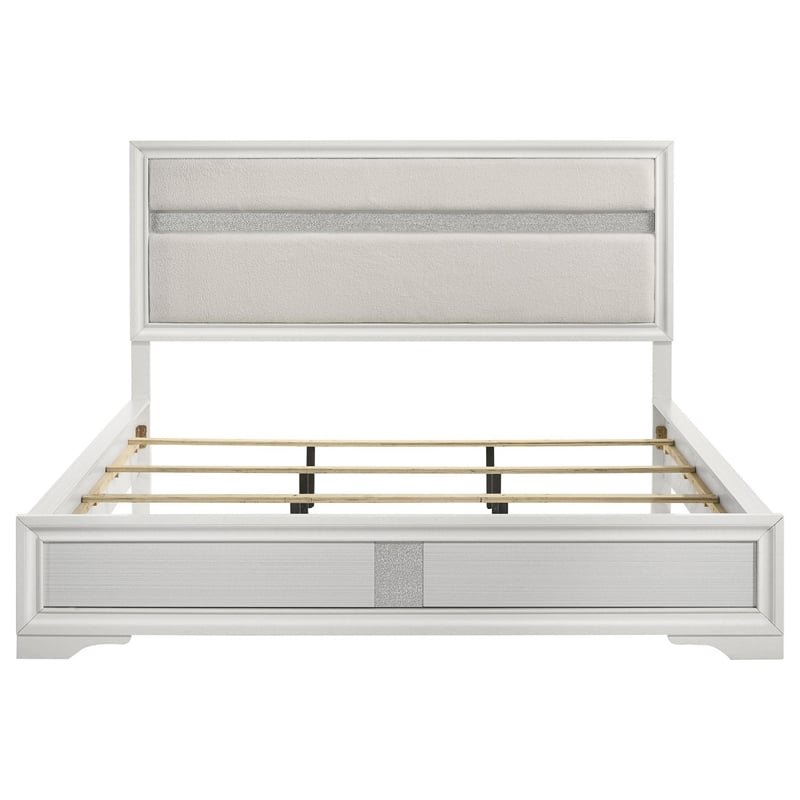 Pemberly Row California King Bed with Diamond Trim and Glitter Stripe in White