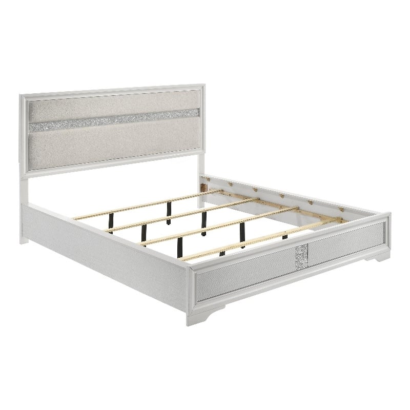 Pemberly Row California King Bed with Diamond Trim and Glitter Stripe in White