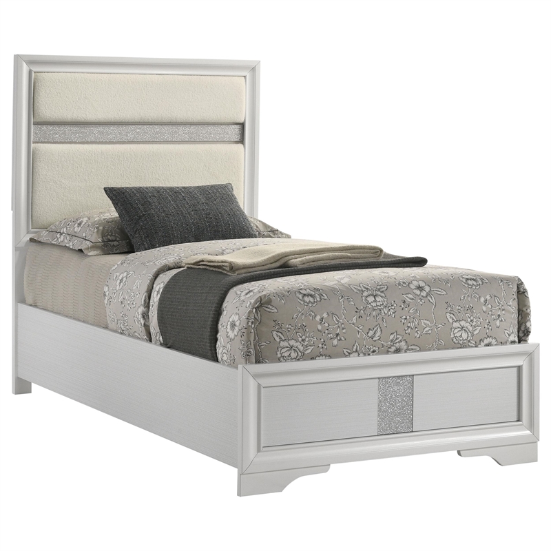 Pemberly Row Twin Bed with Diamond Trim and Glitter Stripe Headboard in White