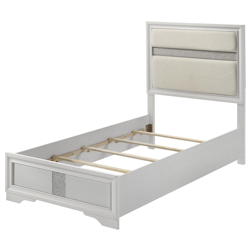Pemberly Row Twin Bed with Diamond Trim and Glitter Stripe Headboard in White