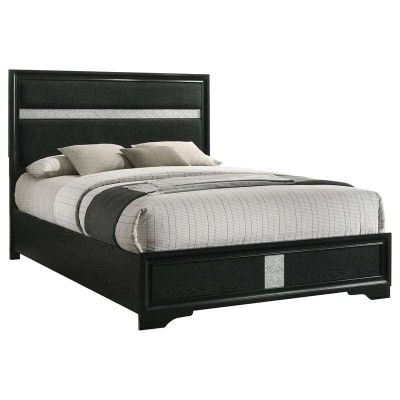 Pemberly Row California King Bed with Diamond Trim and Glitter Stripe in Black