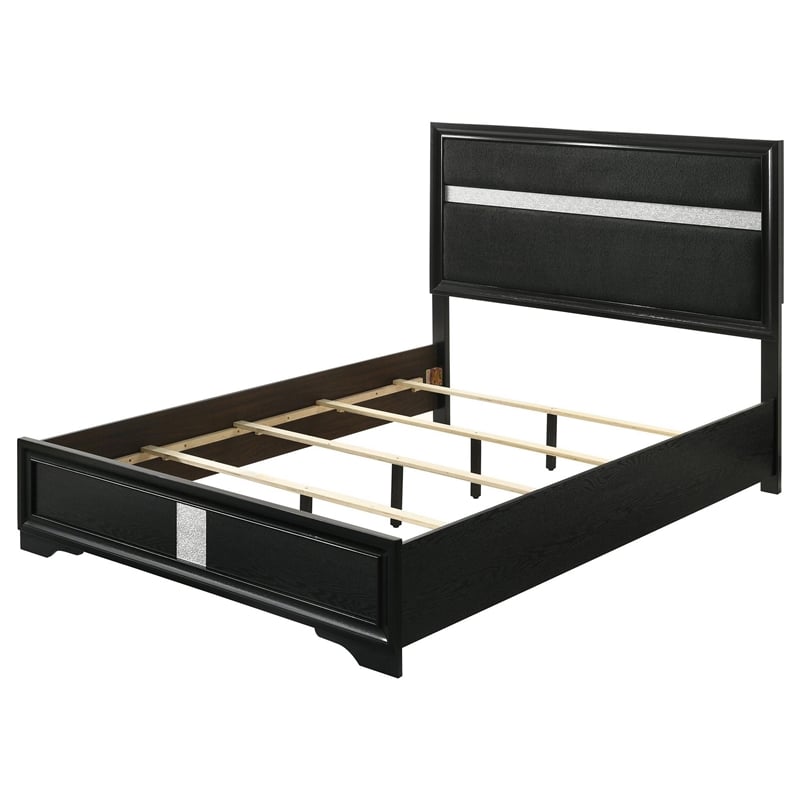 Pemberly Row California King Bed with Diamond Trim and Glitter Stripe in Black