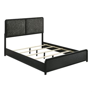 Pemberly Row Queen Bed with Channel Tufted Gray Headboard & Low Profile in Black