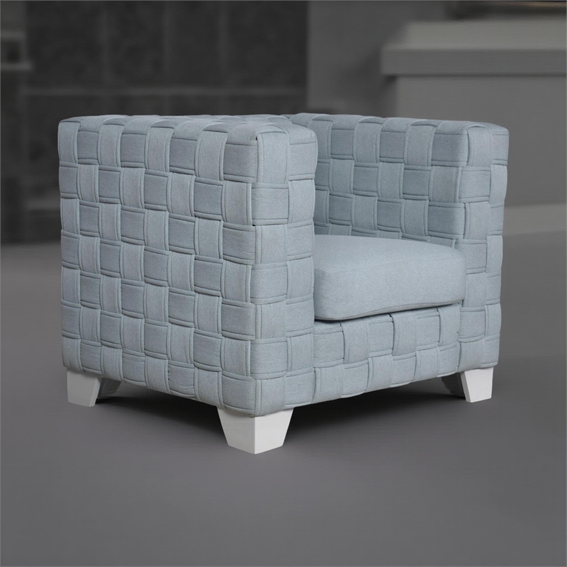 Pemberly Row Box Shape Accent Chair with Knitted Light Blue Chenille in White