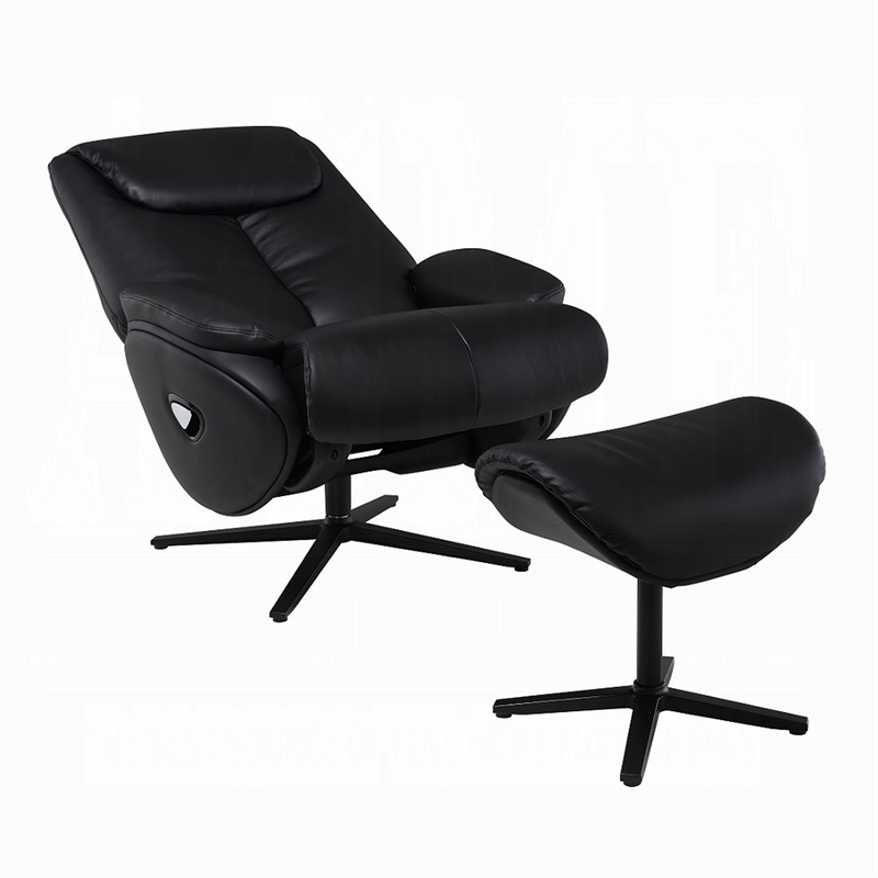 Pemberly Row Swivel Accent Chair and Ottoman Set in Black Top Grain Leather