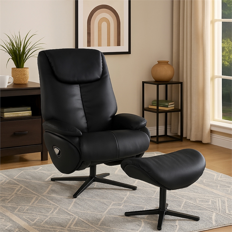 Pemberly Row Swivel Accent Chair and Ottoman Set in Black Top Grain Leather