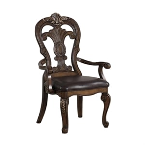 Pemberly Row Set of 2 Carved Dining Armchairs w/ Faux Leather Seat in Dark Brown