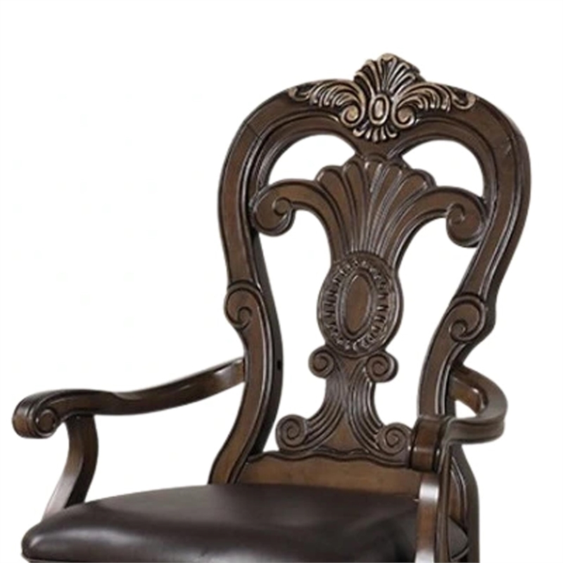 Pemberly Row Set of 2 Carved Dining Armchairs w/ Faux Leather Seat in Dark Brown