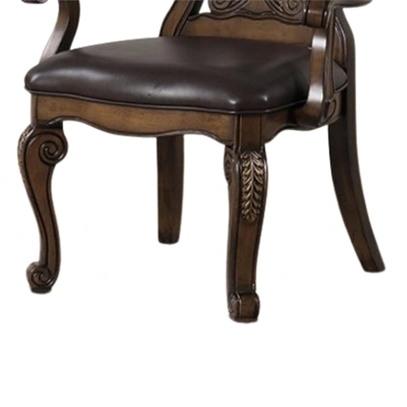 Pemberly Row Set of 2 Carved Dining Armchairs w/ Faux Leather Seat in Dark Brown
