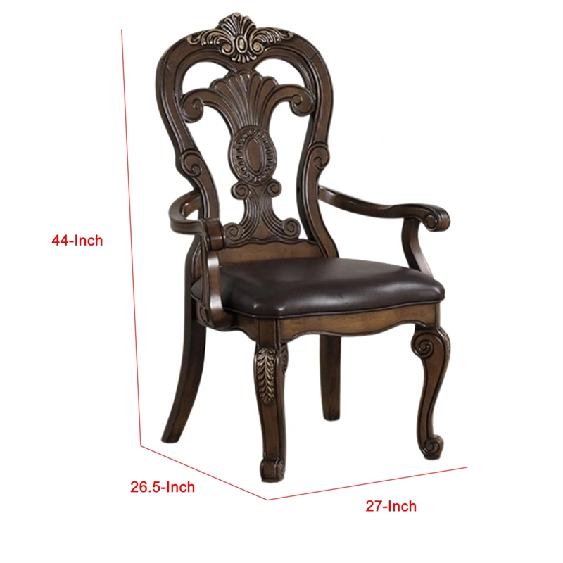 Pemberly Row Set of 2 Carved Dining Armchairs w/ Faux Leather Seat in Dark Brown