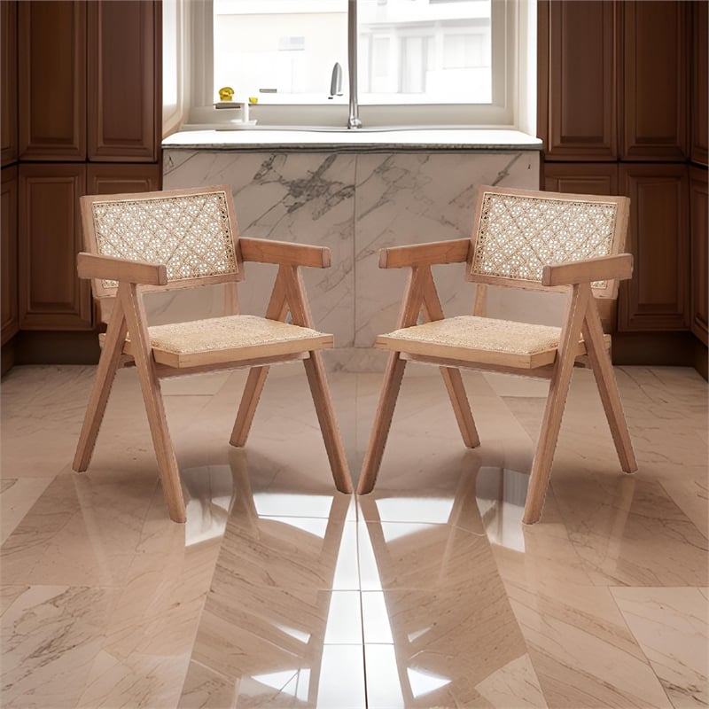 Pemberly Row Set of 2 Dining Armchairs with Woven Rattan Seat in Natural Brown