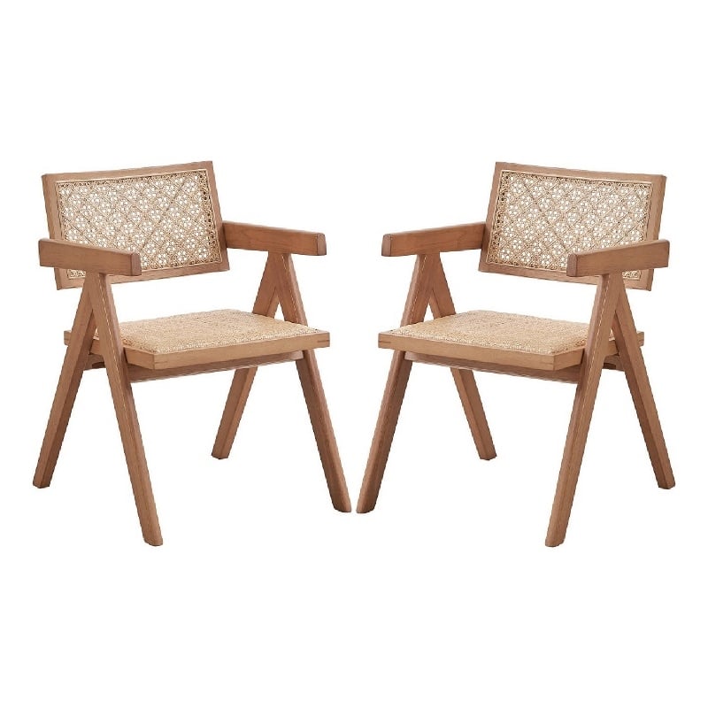 Pemberly Row Set of 2 Dining Armchairs with Woven Rattan Seat in Natural Brown