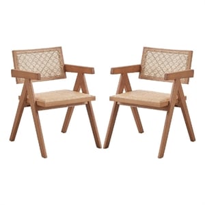 Pemberly Row Set of 2 Dining Armchairs with Woven Rattan Seat in Natural Brown