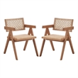 Pemberly Row Set of 2 Dining Armchairs with Woven Rattan Seat in Natural Brown