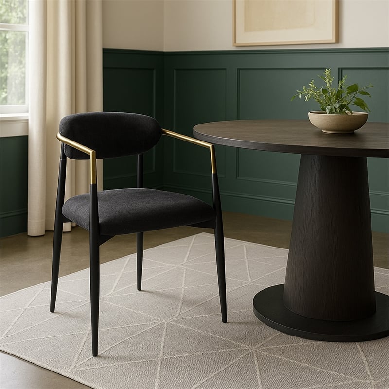 Pemberly Row Set of 2 Dining Side Chairs w/ Padded Seat & Gold Accents in Black