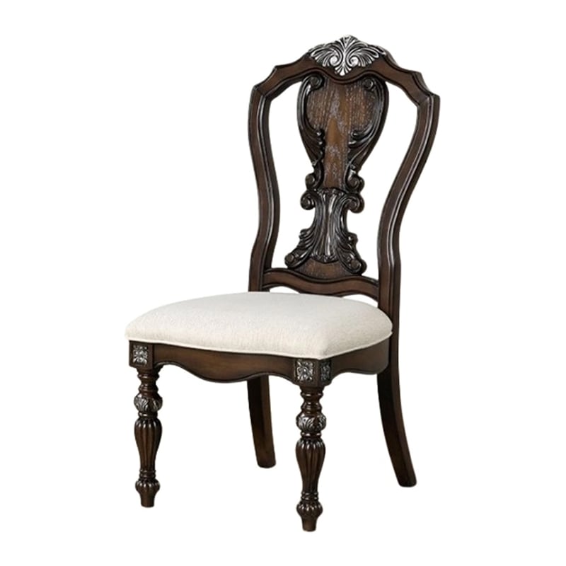 Pemberly Row Set of 2 Carved Side Dining Chairs with Upholstered Seat in Brown