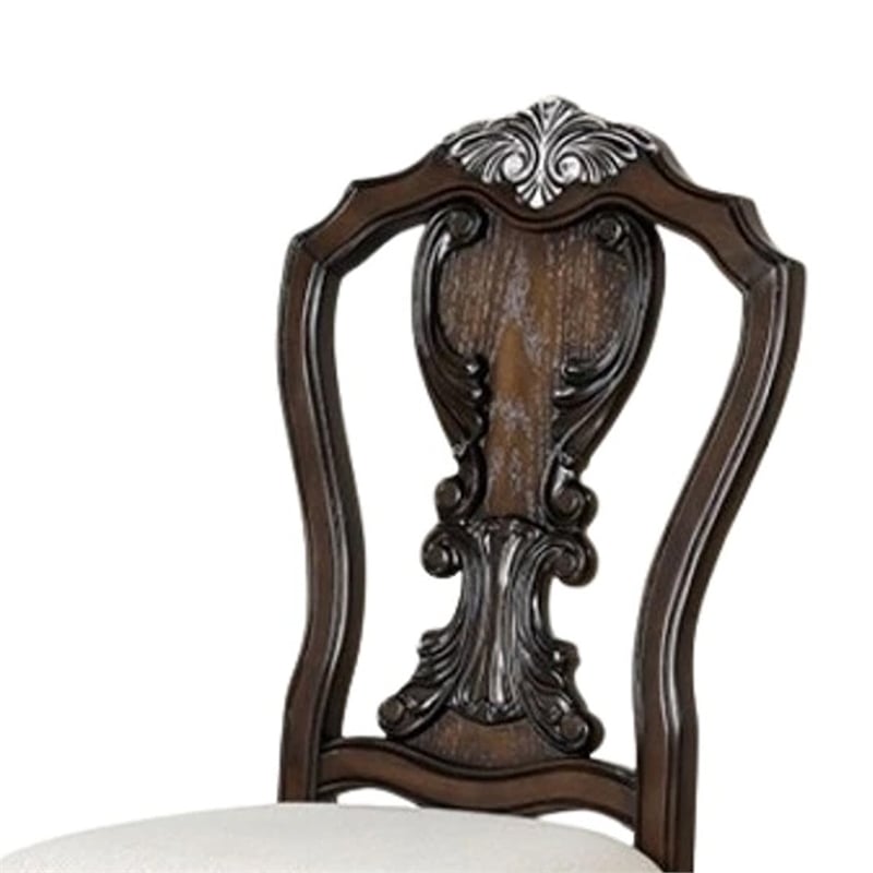 Pemberly Row Set of 2 Carved Side Dining Chairs with Upholstered Seat in Brown