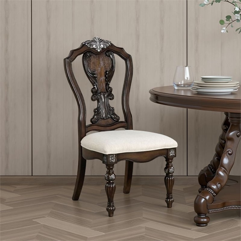 Pemberly Row Set of 2 Carved Side Dining Chairs with Upholstered Seat in Brown