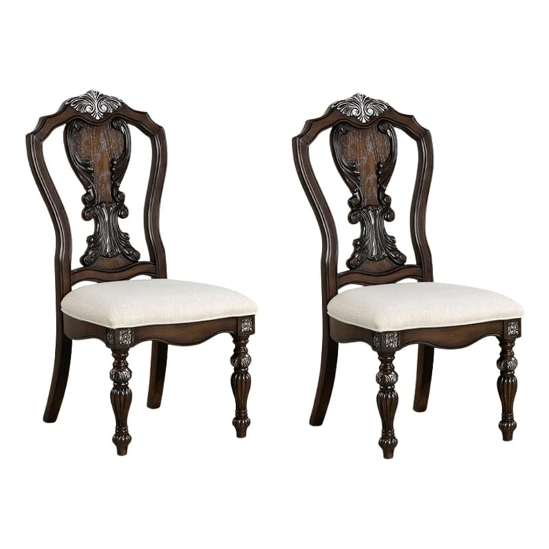 Pemberly Row Set of 2 Carved Side Dining Chairs with Upholstered Seat in Brown
