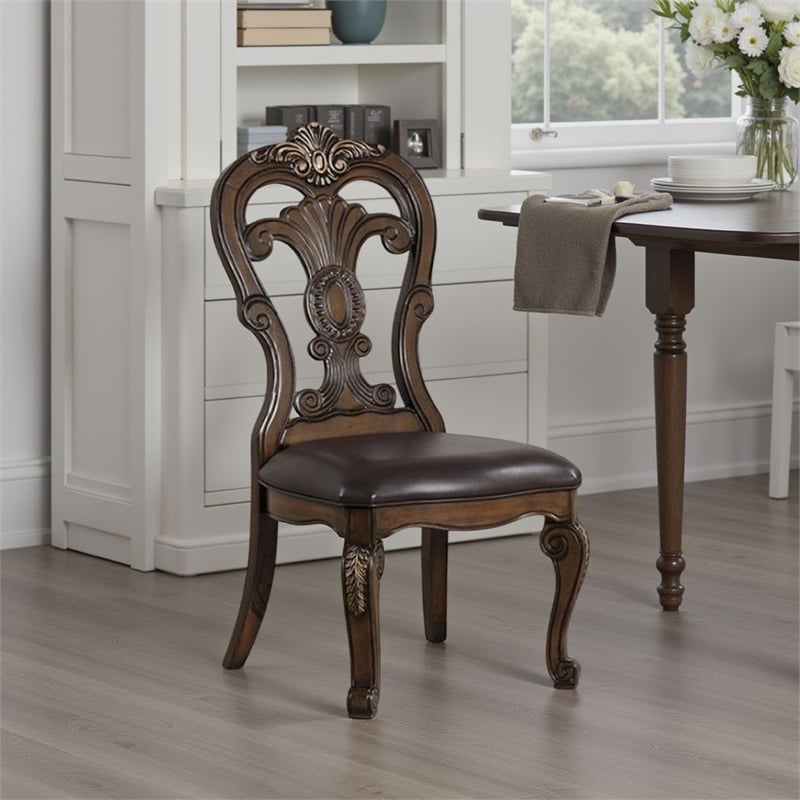 Pemberly Row Set of 2 Carved Side Chairs w/ Gold Tip Crown Detail in Dark Brown