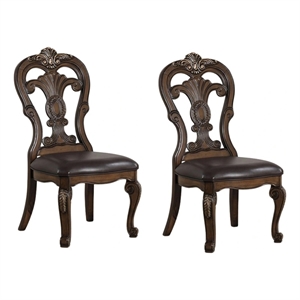 Pemberly Row Set of 2 Carved Side Chairs w/ Gold Tip Crown Detail in Dark Brown