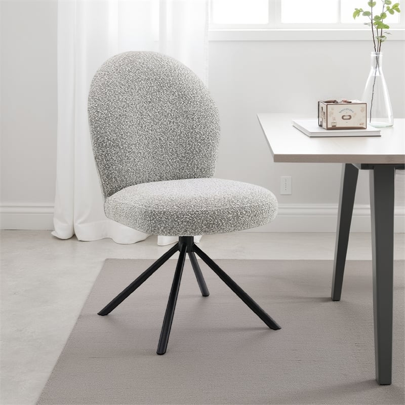 Pemberly Row Set of 2 Swivel Side Chairs with Gray Boucle & Metal Base in Black