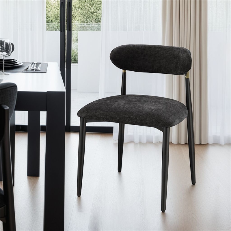 Pemberly Row Set of 2 Side Chairs with Black Chenille & Curved Backrest in Black