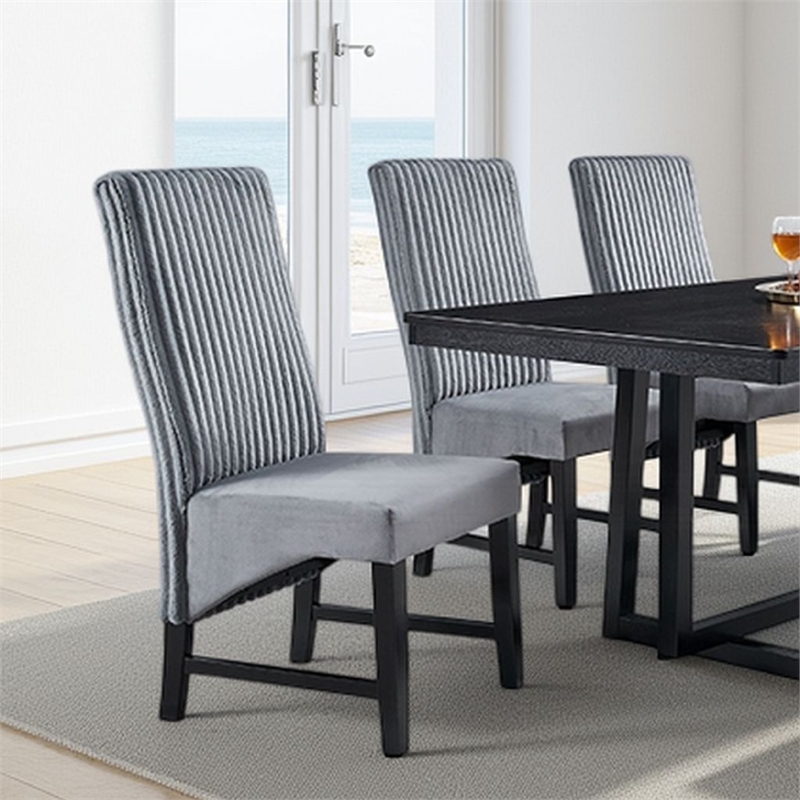 Pemberly Row 2Pc Dining Chairs with Gray Corduroy Cushion & Curved Back in Black