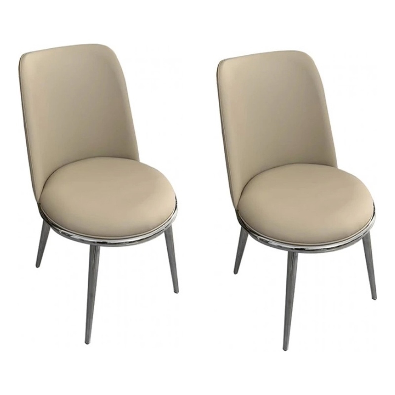 Pemberly Row Side Dining Chair 2Pc Silver Metal Taupe Faux Leather Round Seats