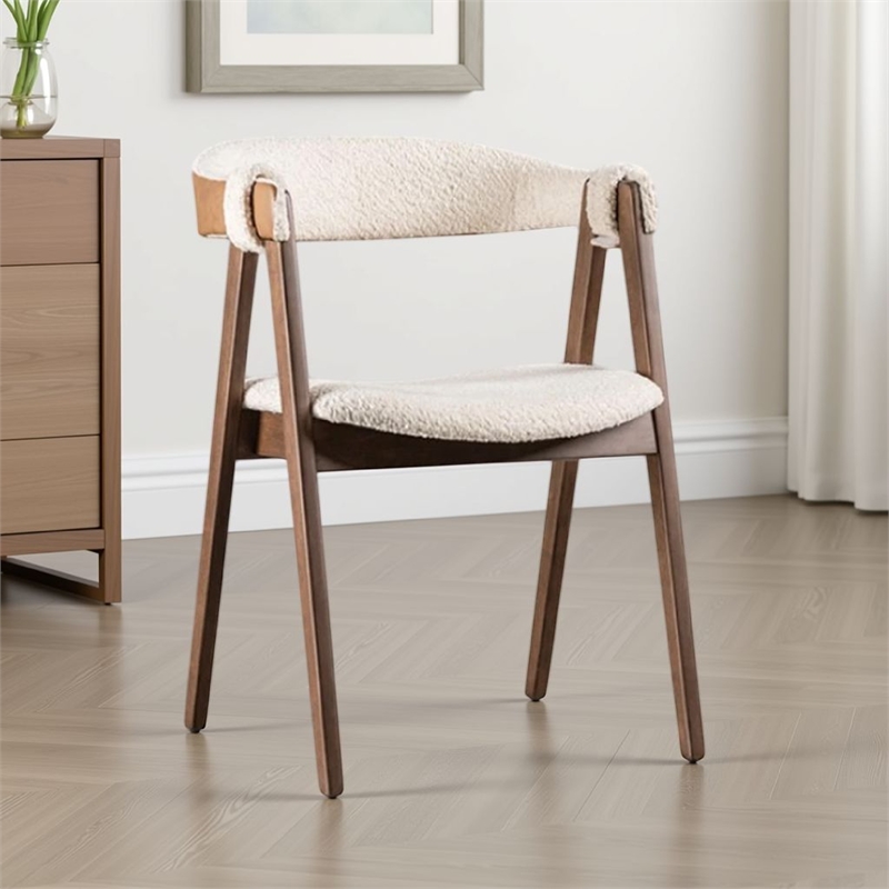 Pemberly Row Side Dining Chair Set of 2 Curve Panel Back in Walnut Brown Boucle