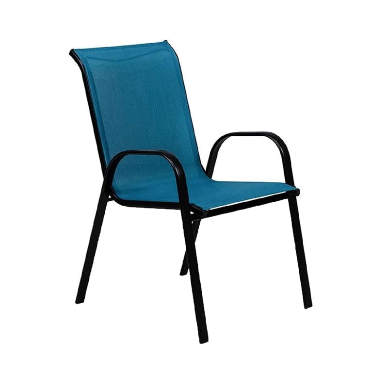 Pemberly Row Outdoor Stacking Chair Set of 2 in Blue Mesh Fabric and Black Metal