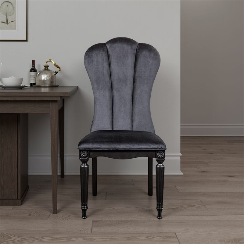 Pemberly Row Side Dining Chair Set of 2 Scalloped Turned Fluted Legs in Black