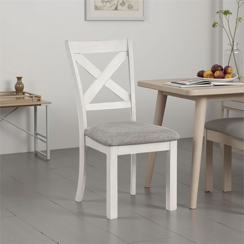 Pemberly Row Side Dining Chair Set of 2 Rustic White Rubberwood in Gray Fabric
