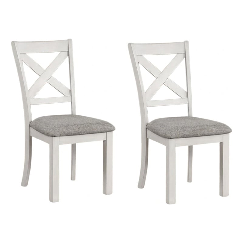 Pemberly Row Side Dining Chair Set of 2 Rustic White Rubberwood in Gray Fabric