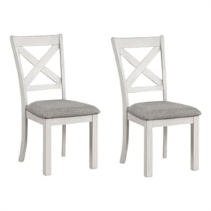 Pemberly Row Side Dining Chair Set of 2 Rustic White Rubberwood in Gray Fabric