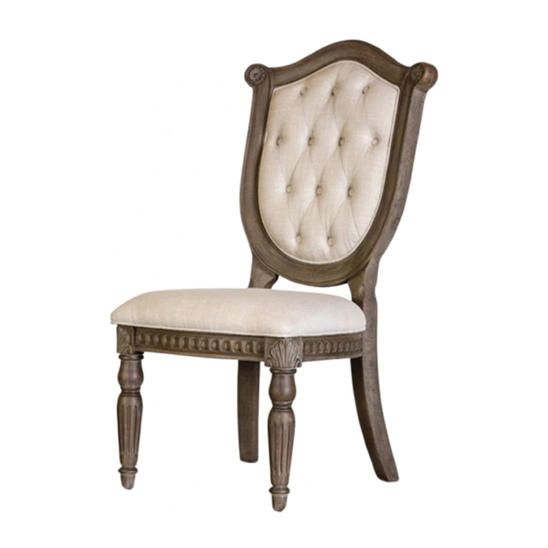 Pemberly Row Side Dining Chair Set of 2 in Weathered Oak Wood Tufted Beige