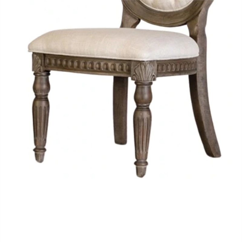 Pemberly Row Side Dining Chair Set of 2 in Weathered Oak Wood Tufted Beige