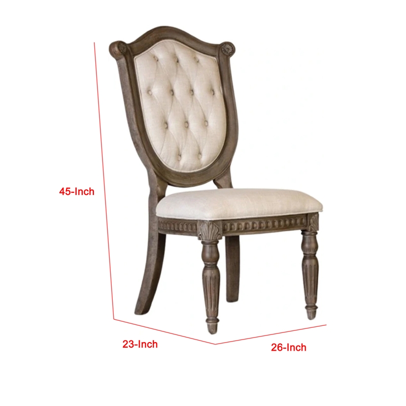 Pemberly Row Side Dining Chair Set of 2 in Weathered Oak Wood Tufted Beige