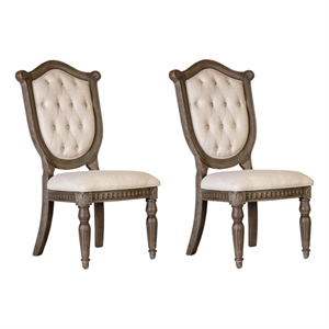 Pemberly Row Side Dining Chair Set of 2 in Weathered Oak Wood Tufted Beige