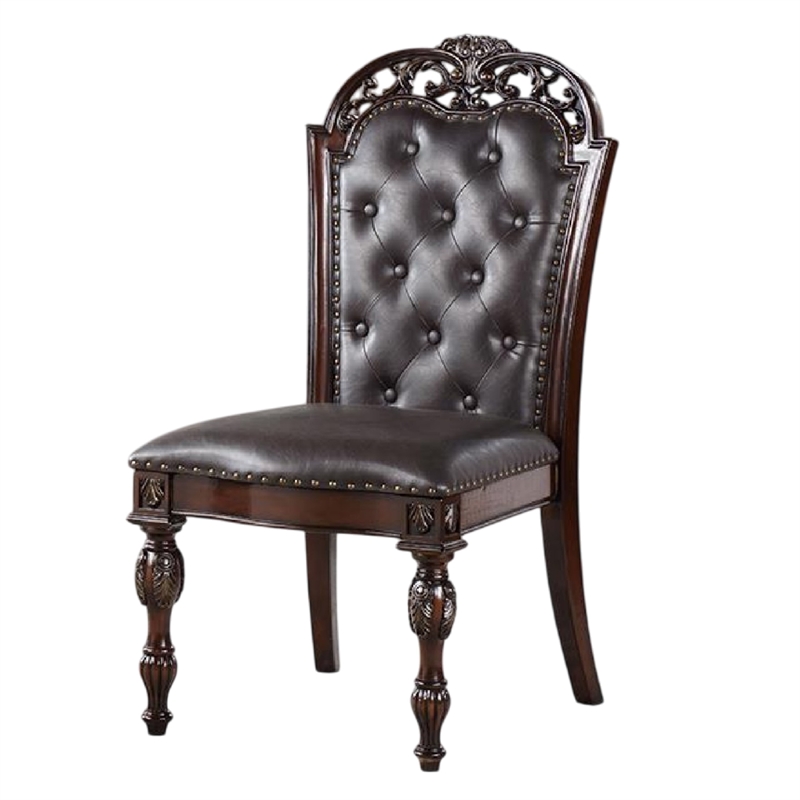 Pemberly Row Side Dining Chair Set of 2 Rivet Trim in Brown Tufted Faux Leather
