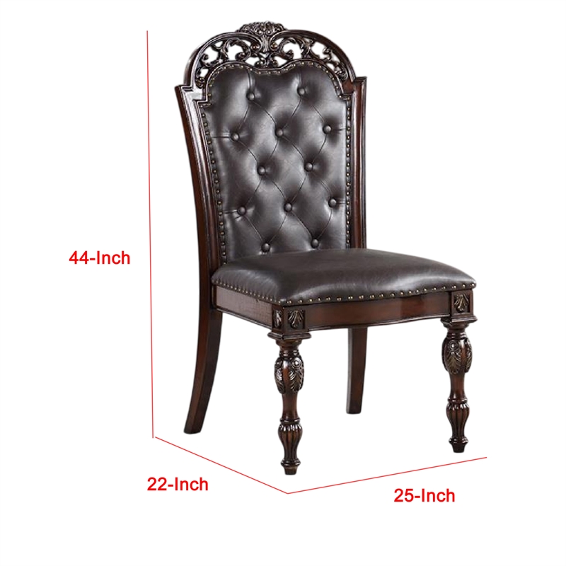 Pemberly Row Side Dining Chair Set of 2 Rivet Trim in Brown Tufted Faux Leather
