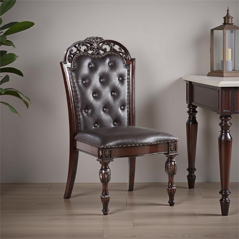 Pemberly Row Side Dining Chair Set of 2 Rivet Trim in Brown Tufted Faux Leather