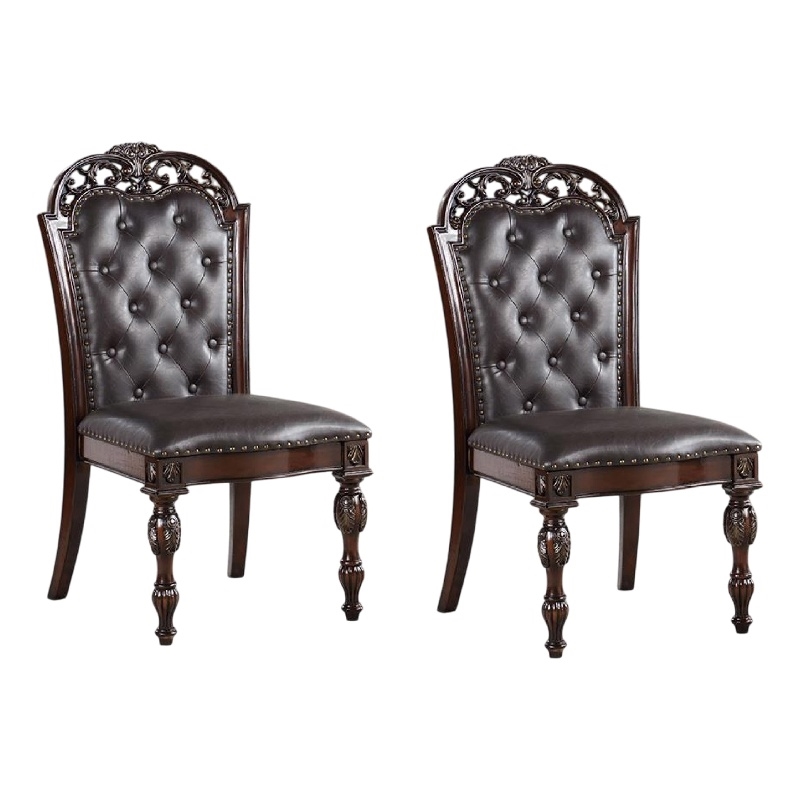 Pemberly Row Side Dining Chair Set of 2 Rivet Trim in Brown Tufted Faux Leather