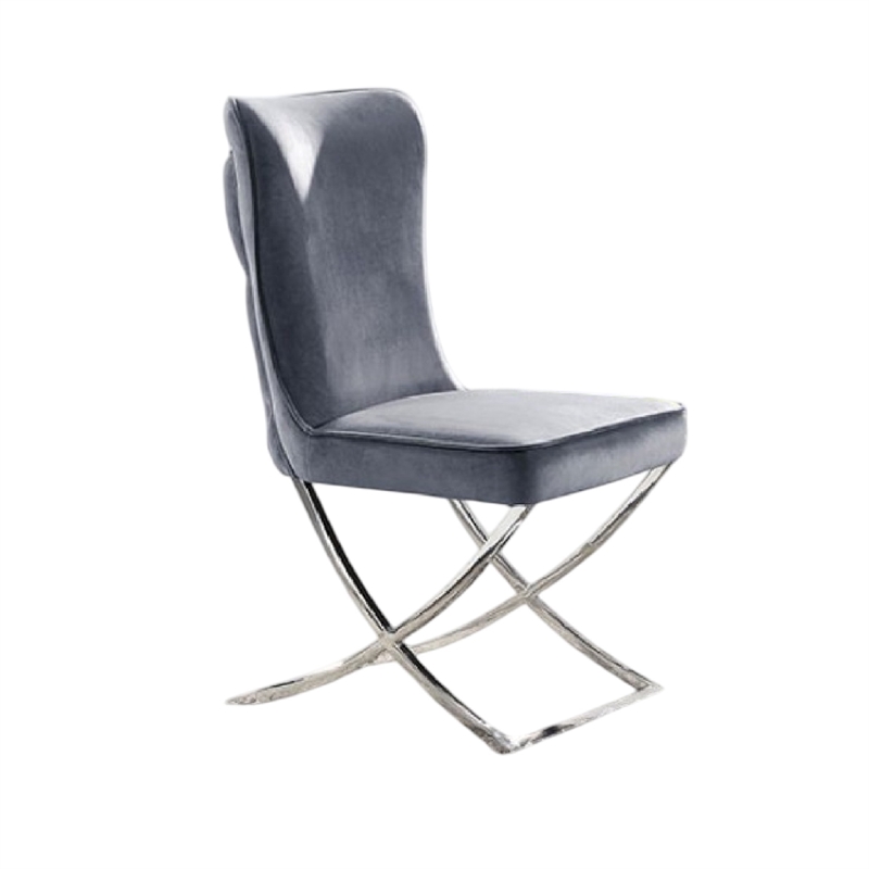 Pemberly Row Side Dining Chair Set of 2 Chrome Metal Gray Button Tufted Velvet