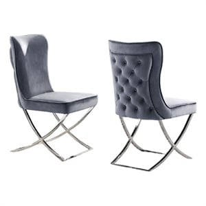 Pemberly Row Side Dining Chair Set of 2 Chrome Metal Gray Button Tufted Velvet