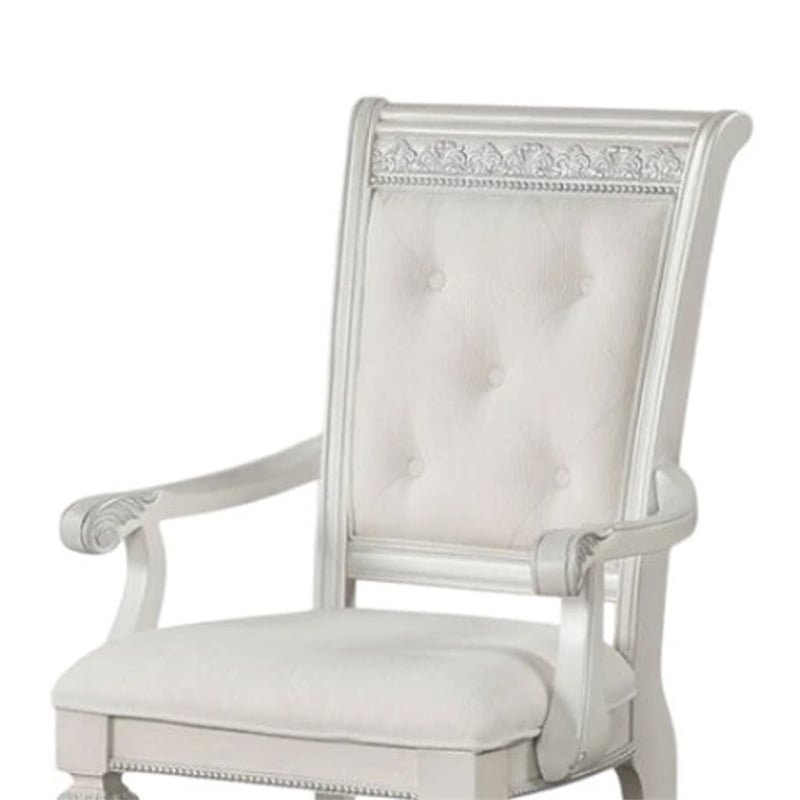 Pemberly Row Dining Armchair Set of 2 Solid Wood Ivory Button Tufted Fabric