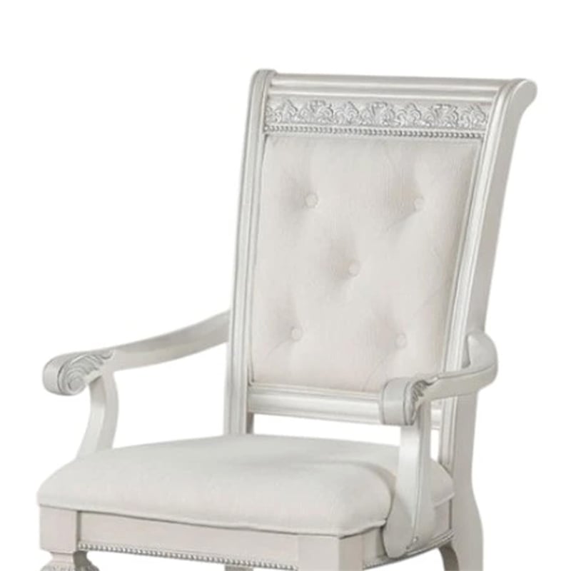 Pemberly Row Dining Armchair Set of 2 Solid Wood Ivory Button Tufted Fabric